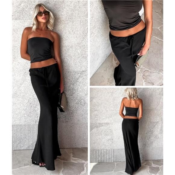 Womens Satin Maxi Skirts Flared A-Line Black - Picture 4 of 5